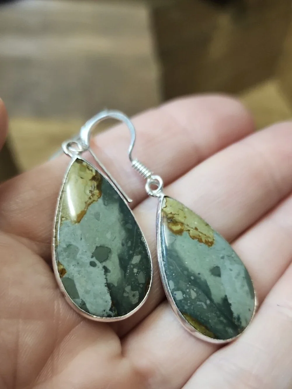 Teardrop Jasper Stone Dangle Earrings in Gray and Brown